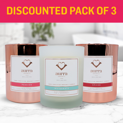 Discounted pack! - Pack of 3 organic candles - Passion, Invigorate and Spiced Aurra Organics 100% Certified Organic Candles - Normal SRP £154.50